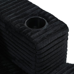 Oversized Loveseat Chaise Lounge Sectional Sofa Bed with USB Ports, Cup Holders, and Pillows, Black Corduroy