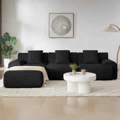 Modern L-Shaped Modular Sectional Sofa in Black Corduroy, 113' Oversized 3-Seater with Deep Seat and Movable Ottoman – No Assembly Required