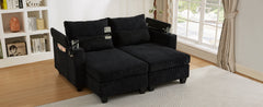 Convertible Chaise Lounge 63' Loveseat Sofa Bed with USB Ports, Cup Holders, Phone Holder & Storage, Black Corduroy