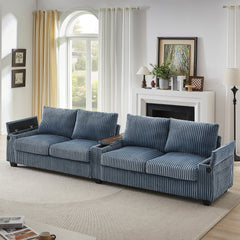Modern 4-Seater Corduroy Sofa Couch with USB Ports, Hidden Storage, Flip-Top Cup Holders, Blue, 133'