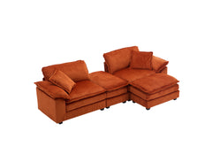 Corduroy 2-seats sofa With 2 back pillows,2 toss pillows and two ottoman,Comfy Sofa- Deep Seat Couch for Living Room,Orange