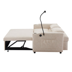 Convertible Sofa Bed Loveseat with USB Ports, Side Pockets, Cup Holders, Swivel Phone Holder, Beige, Bella Fabric