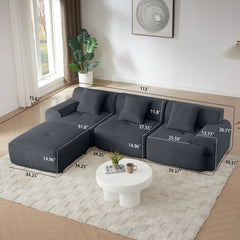 Modern L-Shaped Modular Sectional Sofa with Corduroy Upholstery in Dark Gray, Oversized 3-Seater Couch with Deep Seat and Movable Ottoman – No Assembly Required