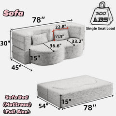 Modern Floor Sofa, with 2 Pillows, Convertible Teddy Fabric Foam Filled Bed, 15 inch Full Size Folding Mattress, Suitable for Living Room, Guest room, Game Room, Grey