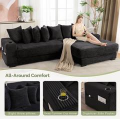 [NEW ARRIVED] [VIDEO PROVIDED] 110.75' Modular L Shaped Sofa, Corduroy Fabric Sectional Couch,With a movable footstool, Cup Holders,Bring 8 throw pillows,Side Pocket,Unfold into a Bed,Black
