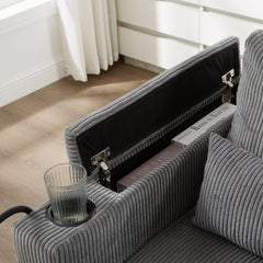 Convertible Chaise Lounge Sofa Chair Corduroy Sleeper with USB Ports, Cup Holders, Storage, Grey