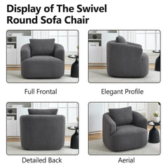 360° Swivel Round Upholstered Comfy Chair With One Soft Pillow, Teddy Fleece High-Resilience Sponge Single Sofa, No Assembly for Living Room, Bedroom, Apartment, Dark Grey.