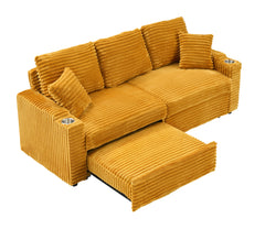 80-inch two-in-one pull-out sofa, foldable and hidden reclining function, corduroy fabric, equipped with cup holder and pillow, easily adaptable to living room space, orange