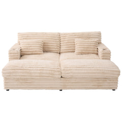Plush Upholstered Oversized Double Chaise Lounge Sofa with USB Ports and Cup Holders, Champagne, Faux Rabbit Fur, 83.5'