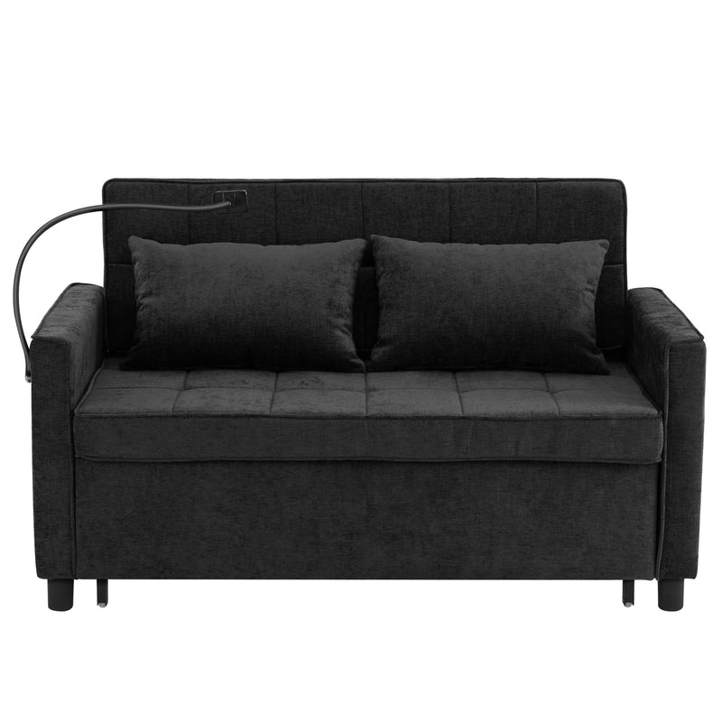 Contemporary 56.9' Loveseat Sofa Bed Sleeper with Reversible Backrest, Side Pockets, USB Ports, Phone Holder, Black Chenille