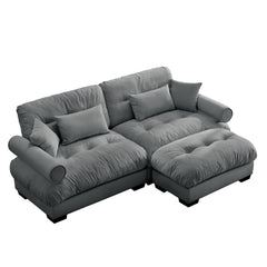Modern Grey Velvet Two-Seater Sofa with Ottoman and Round Bolster Armrests, L Shape for Living Room