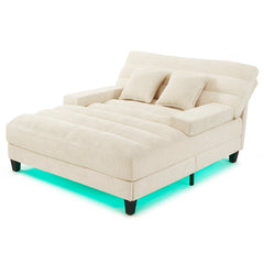 Modern Chaise Lounge Sofa 57.1' Sofa Bed Chenille Upholstered Lounge Sofa Chair with Adjustable Backrest and LED Light Strip, Beige