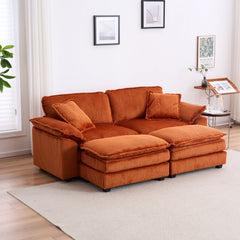 Corduroy 2-seats sofa With 2 back pillows,2 toss pillows and two ottoman,Comfy Sofa- Deep Seat Couch for Living Room,Orange