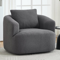 360° Swivel Round Upholstered Comfy Chair With One Soft Pillow, Teddy Fleece High-Resilience Sponge Single Sofa, No Assembly for Living Room, Bedroom, Apartment, Dark Grey.