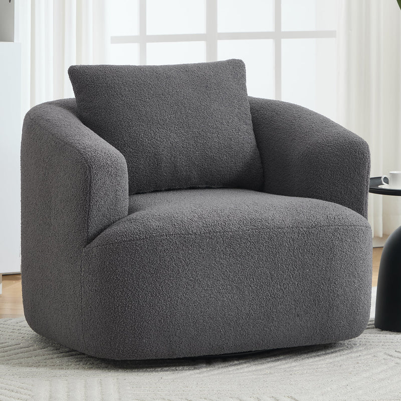 360° Swivel Round Upholstered Comfy Chair With One Soft Pillow, Teddy Fleece High-Resilience Sponge Single Sofa, No Assembly for Living Room, Bedroom, Apartment, Dark Grey.