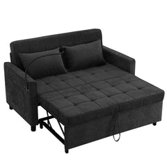 Contemporary 56.9' Loveseat Sofa Bed Sleeper with Reversible Backrest, Side Pockets, USB Ports, Phone Holder, Black Chenille