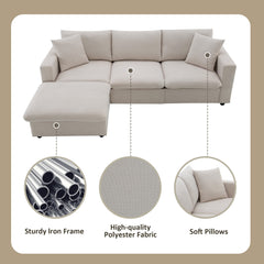 Modern Sectional Sofa with Movable Ottoman and Throw Pillows in Beige, Polyester Fabric, 101*66 inches