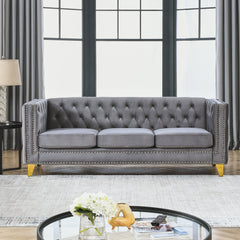 {Contact us for 3D modeling}  Velvet Sofa for Living Room,Buttons Tufted Square Arm Couch, Modern Couch Upholstered Button and Metal Legs, Sofa Couch for Bedroom, Grey Velvet .2PCS