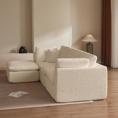 Cloud Style L-Shape Modular Sectional Sofa with Ottoman, 3 Seater Convertible Couch in Warm White Beige, Chenille Fabric, 110 Inch