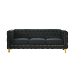{Contact us for 3D modeling} Velvet Sofa for Living Room,Buttons Tufted Square Arm Couch, Modern Couch Upholstered Button and Metal Legs, Sofa Couch for Bedroom, Black Velvet(W834S00022)