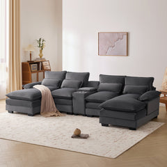 Modern U-shaped 6-Seat Sofa with Console, Cupholders, USB Ports, Velvet Upholstery in Gray