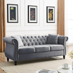[Video] 80' Chesterfield Sofa Grey Velvet for Living Room, 3 Seater Sofa Tufted Couch with Rolled Arms and Nailhead for Living Room, Bedroom, Office, Apartment, two pillowsW834S00009