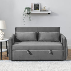 55' Modern Convertible Sofa Bed with 2 Detachable Arm Pockets, Velvet Loveseat Sofa with Pull Out Bed, 2 Pillows and Living Room Adjustable Backrest, Grid Design Armrests