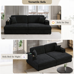 Oversized Loveseat Chaise Lounge Sectional Sofa Bed with USB Ports, Cup Holders, and Pillows, Black Corduroy