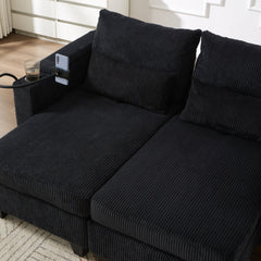 Convertible Chaise Lounge Sofa Chair Bed with USB Ports, Cup Holders & Storage, Black Corduroy, 37.4'