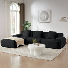 Modern L-Shaped Modular Sectional Sofa in Black Corduroy, 113' Oversized 3-Seater with Deep Seat and Movable Ottoman – No Assembly Required