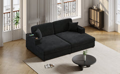 Oversized Loveseat Chaise Lounge Sectional Sofa Bed with USB Ports, Cup Holders, and Pillows, Black Corduroy