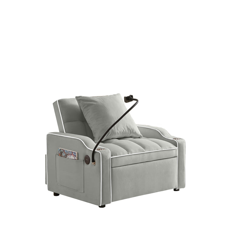 3-in-1 Convertible Sleeper Chair Sofa Bed, Adjustable Pull Out with Multi-Pockets in Gray Velvet