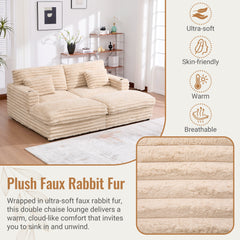 Plush Upholstered Oversized Double Chaise Lounge Sofa with USB Ports and Cup Holders, Champagne, Faux Rabbit Fur, 83.5'