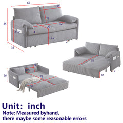 MH'' 64.5 Inch Sleeper Sofa Bed  3-in-1 Adjustable Sleeper with Pullout Bed   2 Pillows and Side Pockets  Soft Corduroy Convertible Sleeper Sofa Bed for Living Room Bedroom Apartment Office