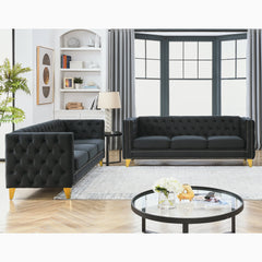 {Contact us for 3D modeling} Velvet Sofa for Living Room,Buttons Tufted Square Arm Couch, Modern Couch Upholstered Button and Metal Legs, Sofa Couch for Bedroom, Black Velvet ,2PCS