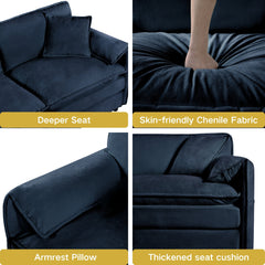 Modern Chenille Deep Seat Sectional Sofa Cloud Couch with Ottoman, Comfy Love Seat Upholstered Modular L Shaped Couch, Blue