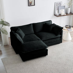 Chenille Two-Seater Sofa with 1 Footrest, 2 Seater L-Shaped Sectional with Ottoman,Loveseat with Ottoman for Small Living Space, Black Chenille