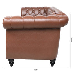 Classic Chesterfield Three Seater Sofa Brown PU Leather with Rolled Arms and Birch Legs 84.65 Inches