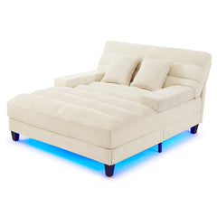 Modern Chaise Lounge Sofa 57.1' Sofa Bed Chenille Upholstered Lounge Sofa Chair with Adjustable Backrest and LED Light Strip, Beige