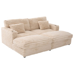Plush Upholstered Oversized Double Chaise Lounge Sofa with USB Ports and Cup Holders, Champagne, Faux Rabbit Fur, 83.5'