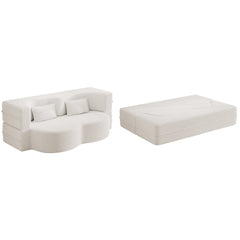 Modern Floor Sofa with 2 Pillows,Convertible Teddy Fabric Foam Filled Sleeper Sofa Bed,15 ' Full Size Folding Mattress for Living Room,Guest Bed,Playroom,no assembly required,Beige