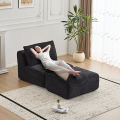 Modern Memory Foam Compressed Sofa,Single Chaise Longue for Living Room,Pet-Friendly Cloud Modular Sectional Sofa,Corduroy Fabric,Movable Ottoman,No assembly required,Black
