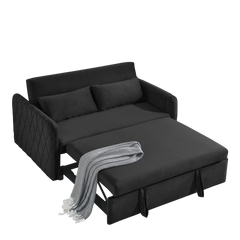 55' Modern Convertible Sofa Bed with 2 Detachable Arm Pockets, Velvet Loveseat Sofa with Pull Out Bed, 2 Pillows and Living Room Adjustable Backrest, Grid Design Armrests