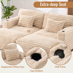 Plush Upholstered Oversized Double Chaise Lounge Sofa with USB Ports and Cup Holders, Champagne, Faux Rabbit Fur, 83.5'