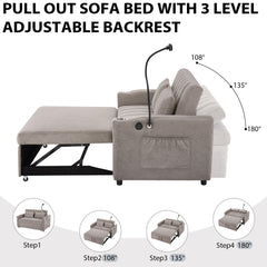 Convertible Sofa Bed Loveseat with USB Ports, Side Pockets, Cup Holders & Swivel Phone Holder, Light Grey Bella Fabric