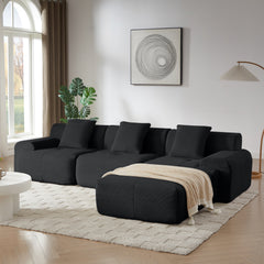 Modern L-Shaped Modular Sectional Sofa in Black Corduroy, 113' Oversized 3-Seater with Deep Seat and Movable Ottoman – No Assembly Required