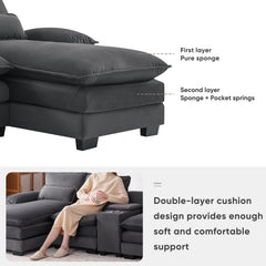 Modern U-shaped 6-Seat Sofa with Console, Cupholders, USB Ports, Velvet Upholstery in Gray