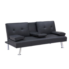 Black Leather Office Double Folding Sofa Bed with Matching Coffee Table, Multifunctional Design
