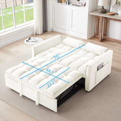 55.1-inch 3-in-1 convertible sofa bed, modern velvet double sofa Futon sofa bed with adjustable back, storage bag and pillow, for living room, bedroom (Off white)