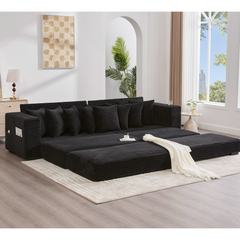 [NEW ARRIVED] [VIDEO PROVIDED] 110.75' Modular L Shaped Sofa, Corduroy Fabric Sectional Couch,With a movable footstool, Cup Holders,Bring 8 throw pillows,Side Pocket,Unfold into a Bed,Black